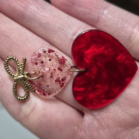 Cute Sparkly Double Red Heart Dangle Earrings with Bow Holiday - Picture 2 of 4